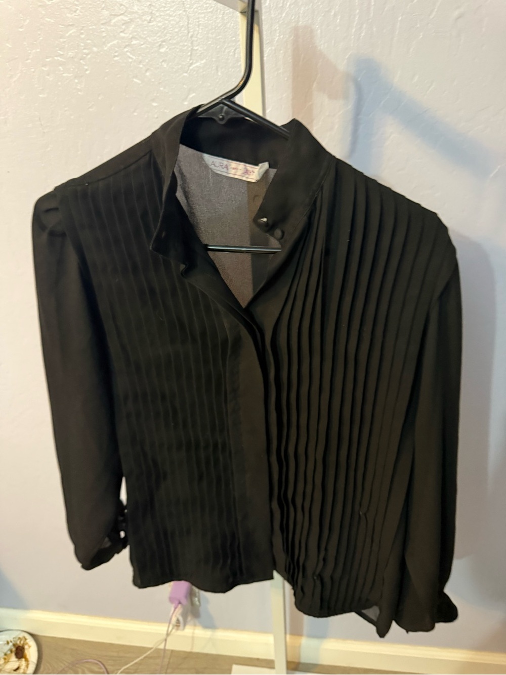 Pleated Black Button-Up Blouse by Alara